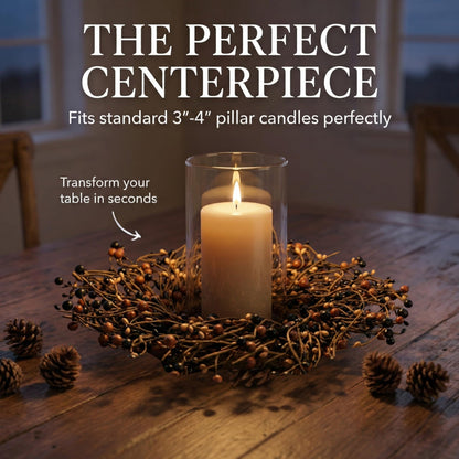 Quixem 15" Black & Tan Pip Berry Candle Ring (4.5" Inner), Primitive Rustic Artificial Mini Wreath for 3" Pillars, Farmhouse Kitchen Decor, Halloween & Everyday Centerpiece
