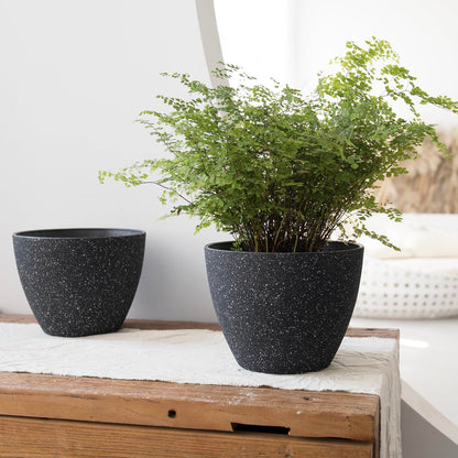 LA JOLIE MUSE Flower Pots Outdoor Garden Planters, Indoor Plant Pots with Drainage Holes, Plastic, Speckled Black, Set 2 (7.5 + 7.5 Inch)