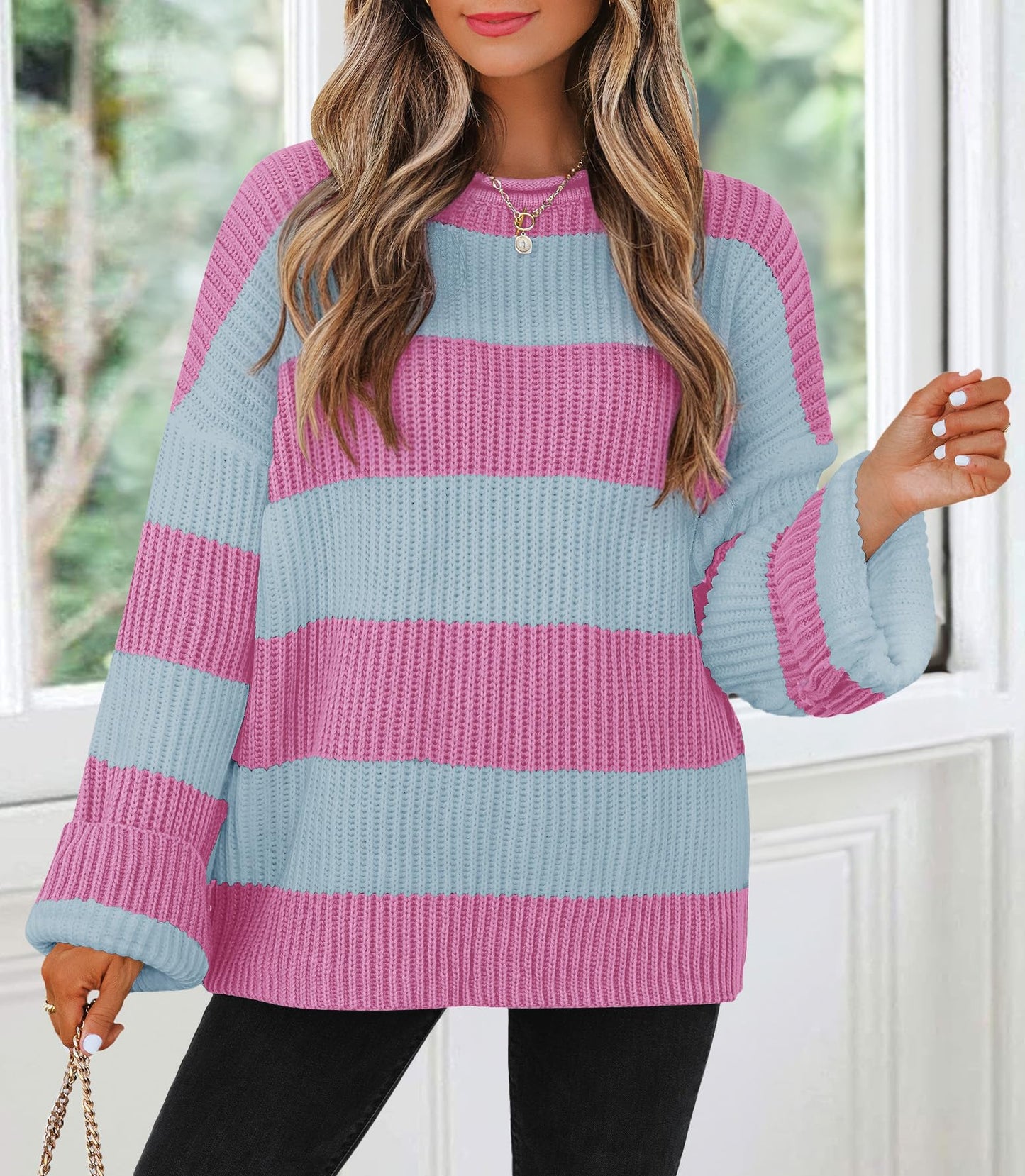 ZESICA Women's 2025 Fall Long Sleeve Oversized Striped Color Block Comfy Loose Crew Neck Knitted Pullover Sweater