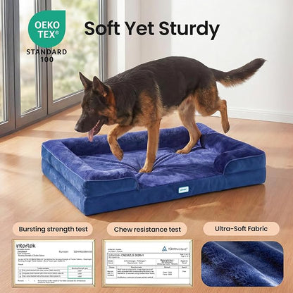 OhGeni Orthopedic Dog Bed Couch Big Cat Sofa for Extra Large Sized Pets with Memory Foam, Machine-Washable Waterproof Removable Cover, Soft Comfortable Fabric, 44-inch (Blue)