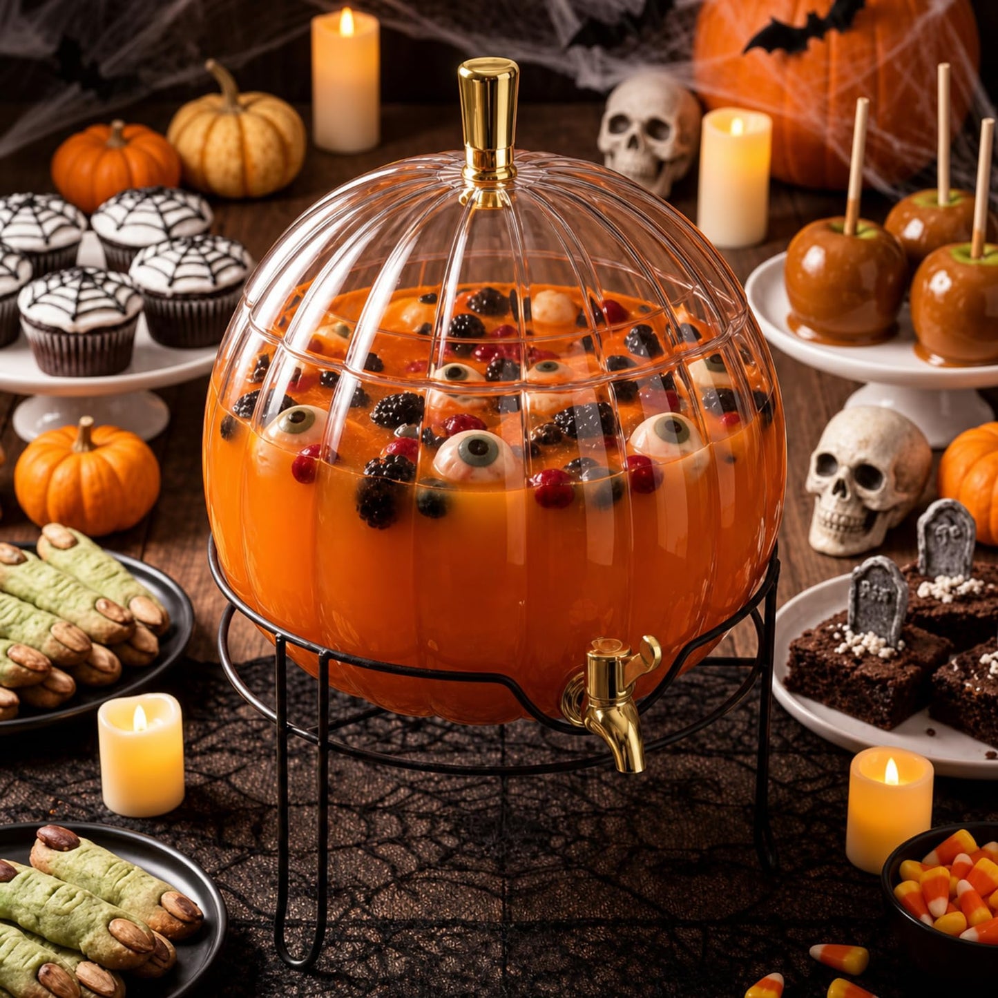 Romooa 1.3 Gallon Halloween Plastic Drink Dispenser with Metal Stand Spigot Pumpkin Shaped Drink Dispenser Beverage Flask with Spigot for Fall Harvest Summer Halloween Autumn Party Supplies(Clear)