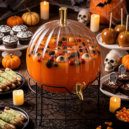 Romooa 1.3 Gallon Halloween Plastic Drink Dispenser with Metal Stand Spigot Pumpkin Shaped Drink Dispenser Beverage Flask with Spigot for Fall Harvest Summer Halloween Autumn Party Supplies(Clear)