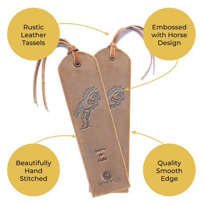 Leather Bookmarks for Men and Women | Quality Mens Bookmark with Jumping Horse | 2 Smooth Handmade Book Markers for Men Women Book Lovers Readers (7x2") Leather-Gift | Sovereign-Gear