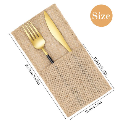 50 Pcs Natural Jute Utensils Holders, 8.8 x 4 inch Cutlery Pouch, Silverware Holder, Napkin Bag for Rustic Wedding Party Decorations