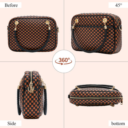 Woven Crossbody Bags for Women, Vegan Leather Two-Tone Satchel with Braided Top Handle, Structured Checkerboard Shoulder Purse with Adjustable Strap