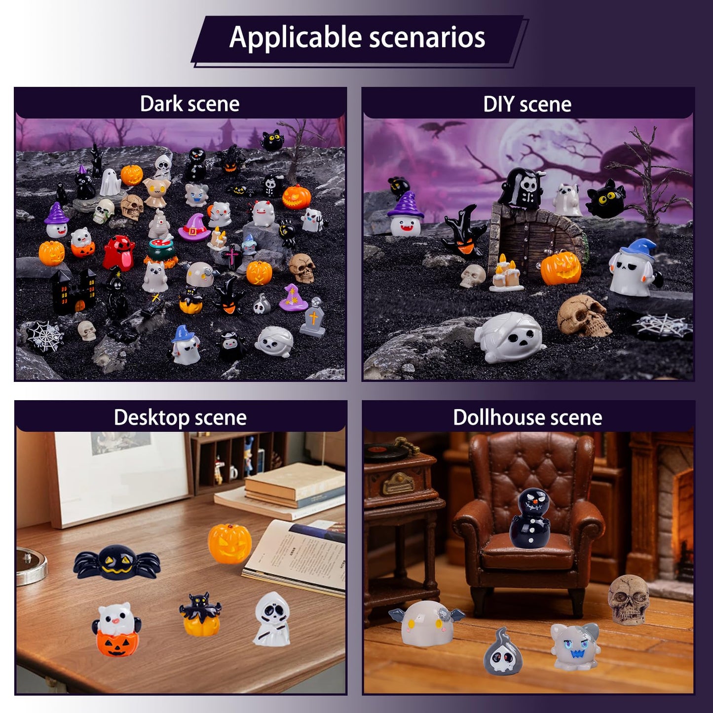 Nerfcareani 50pcs Halloween Mini Resin Figurines for Crafts Tiny Miniature Figures to Hide Pumpkin Ghost Skull Miniatures Bulk for Halloween Party Favors Table Idoor Bag Fillers Garden Dollhouse Decor