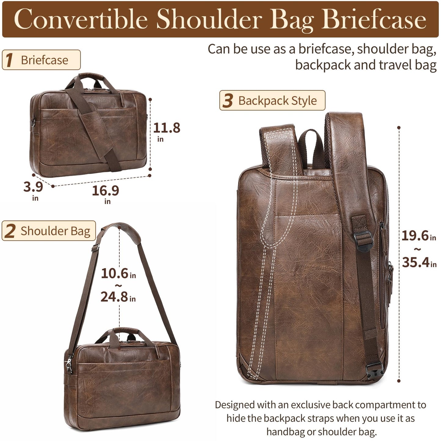 Faux Leather Messenger Bag for Men 17-17.3 Inch: Convertible 3 in 1 Backpack Laptop Bag Briefcase Computer Handbags Shoulder Crossbody Bag with Padded Laptop Sleeve for Work College Travel, PU Coffee