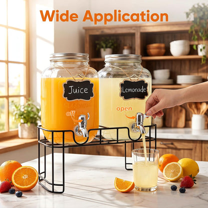 1-Gallon Glass Beverage Dispenser,Accguan Drink Dispenser with Tin Lid and Leak Free Spigot,Black Iron Frame,Mason Drink Dispenser for Parties, Picnics, Barbecues and Daily,2 pack