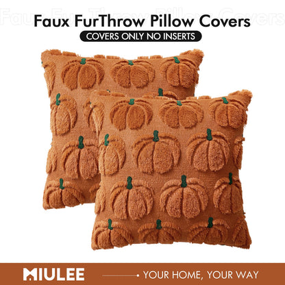 MIULEE Fall Pumpkin Throw Pillow Covers Decor Set of 2 Dark Rust Green Stem 18 x 18 Decorative Cushion Covers Soft Faux Fur Couch Pillows for Autumn Harvest Outdoor Porch Farmhouse Halloween Home