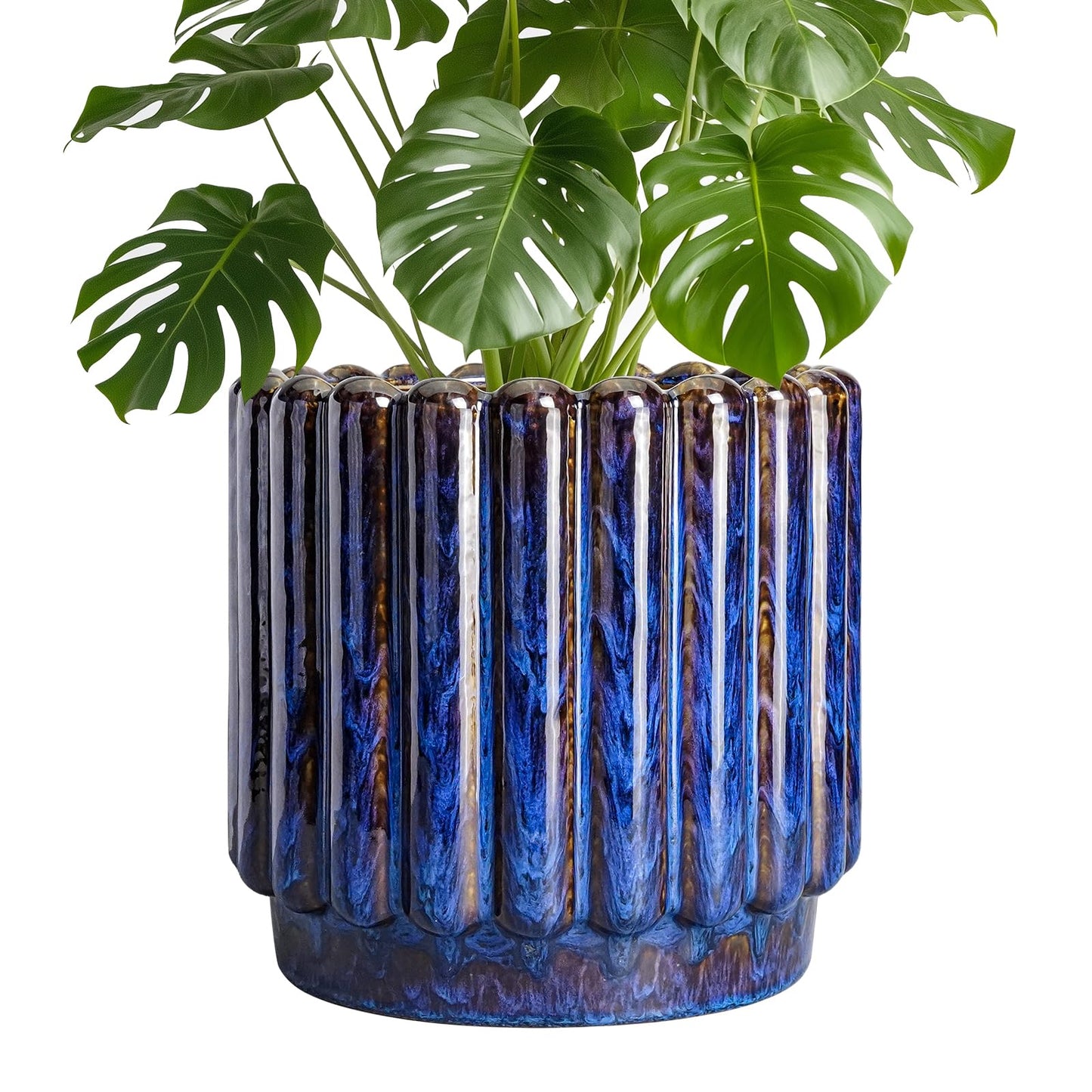 Ceramicfor Ceramic Planter - 9.6 Inch Ceramic Plant Pots Indoor Outdoor, Round Flower Pots with Drainage Hole, Large Fluted Modern Planter, Room Home Bedroom Decor, Plant Lover Gifts, Blue