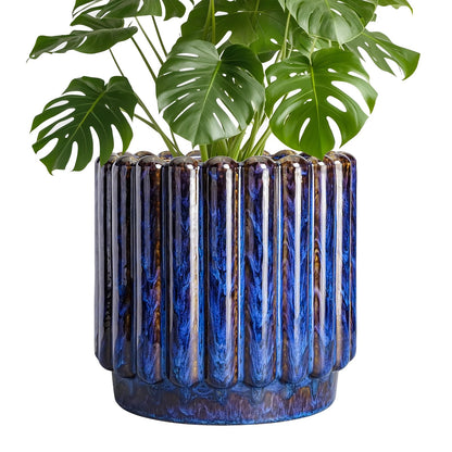 Ceramicfor Ceramic Planter - 9.6 Inch Ceramic Plant Pots Indoor Outdoor, Round Flower Pots with Drainage Hole, Large Fluted Modern Planter, Room Home Bedroom Decor, Plant Lover Gifts, Blue
