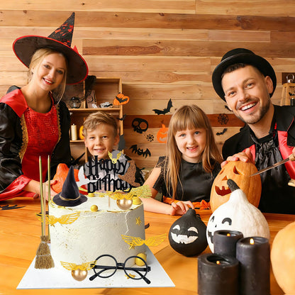Rismise Wizard Cake Topper 14PCS Magical Wizard Themed Cake Decorations Gold Ball Cupcake Cake Picks with Glasses Wings Hats for Halloween Birthday Magical School Party Supplies