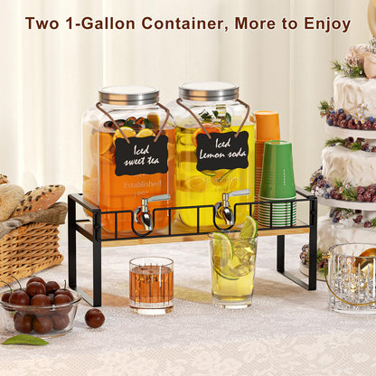 Zuyachuza 2-pack 1 Gallon Drink Dispenser,Glass Beverage Dispenser with Spigot,Lemonade dispenser Bamboo Stand for Outside, Glass Drink Dispensers for Parties with Ice Core