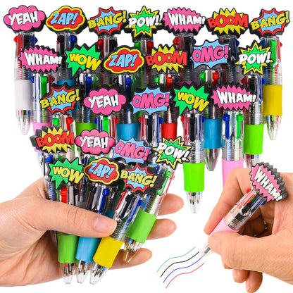 LiYiQ 25 Pcs Hero Theme Multicolor Pen in One Cartoon Cute Fun 4-in-1 Cute Pens Bulk Kawaii Hero Theme Boom Wow Pow Conversation Cool Ballpoint Pens for Fun Gifts