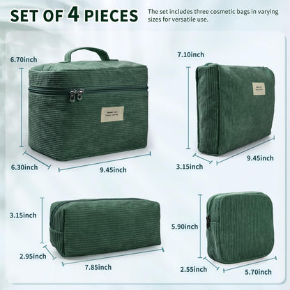 LVWNM 4 Pcs Makeup Bag for Women Corduroy Cosmetic Bag Aesthetic Cute Bags Multi Size Purse Pouch Travel Toiletry Bag Set Makeup Organizer with Zipper(Green)