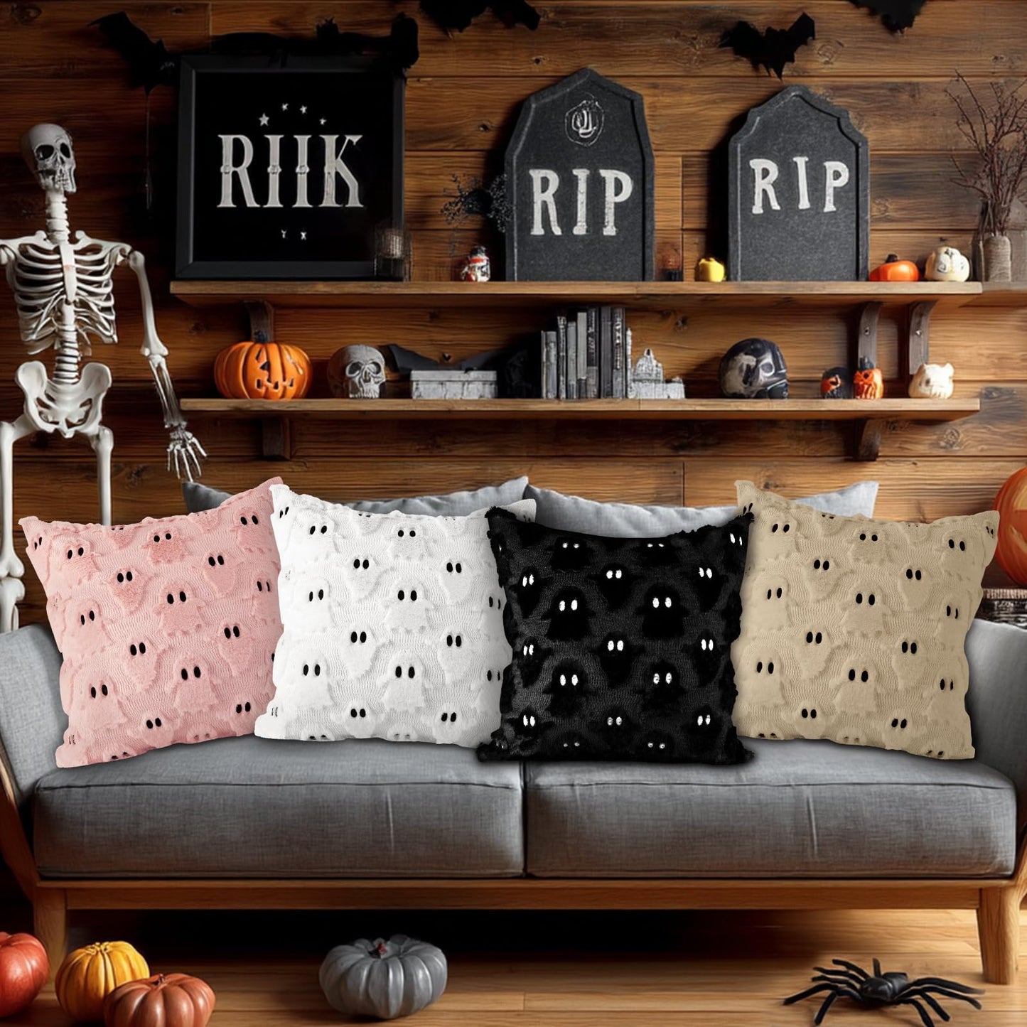 Lanpn Halloween Pillow Covers 18x18 Set of 2, Ghost Throw Pillowcases Soft Plush Faux Fur Wool Decorative Pillow Cover 18x18 Cushion Covers for Sofa Couch Chair Bed Halloween Home Decor (Black)