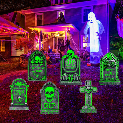 6 Pack Halloween Tombstones Graveyard Decorations, Halloween Yard Sign Glow in The Dark, 17”×10” Waterproof Outdoor Light Up Tombstones, Spooky Light Up Gravestones for Yard, Home, Party, Scary Decor