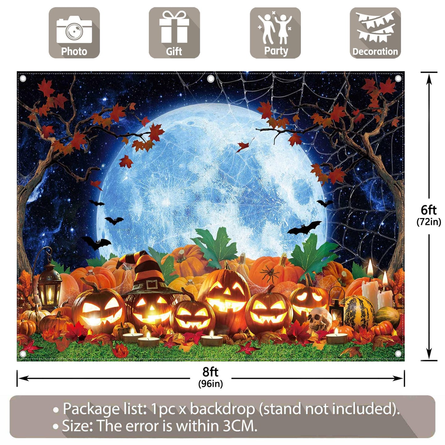 YCUCUEI 8x6ft Halloween Photography Backdrop Pumpkin Patch Starry Sky Moon Night Background Truck or Treat Party Decorations Kids Holiday Photo Banner