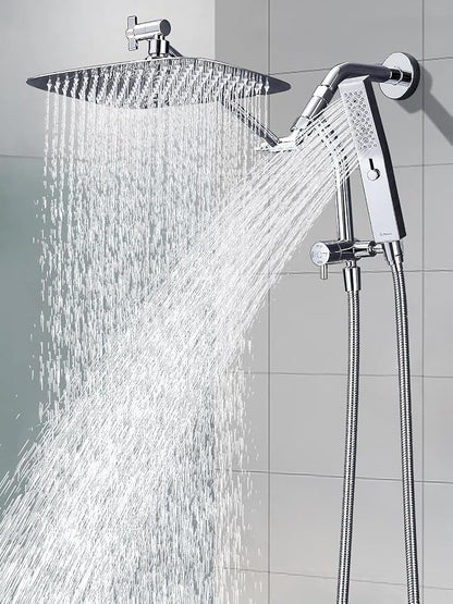 G-Promise All Metal 12 Inch Rain Shower Head with Massage Mode Handheld Spray Combo, 3-Way Diverter with Pause Setting, Full Body Coverage, Modern Bathroom Upgrade (Chrome)