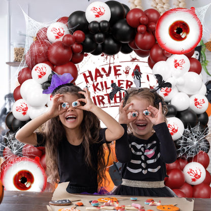 Halloween Balloon Arch Kit Scary Halloween Birthday Party Decorations-Red Black White Bloody Hand Balloons With Have a Killer Birthday Banner Eye Balloons For Hallo-ween Theme Party Supplies