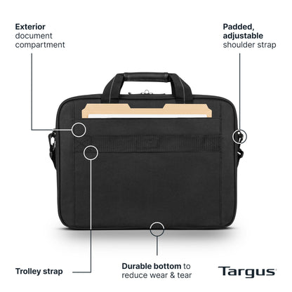 Targus 15-16 Inch Slim Lightweight Laptop Briefcase, Black - Messenger and Shoulder Bag with Padded Compartment and Trolley Strap for 16" Laptops (TCT027US)