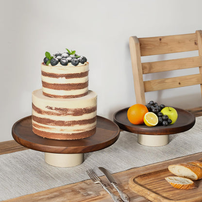CEEFU 9 inch Rustic Acacia Wood Cake Stand - Natural Wooden Clay Wedding Cake Pedestal Serving Stand for Cupcake Dessert Bites Display in Party, Birthday, Beautiful Farmhouse Kitchen Decor