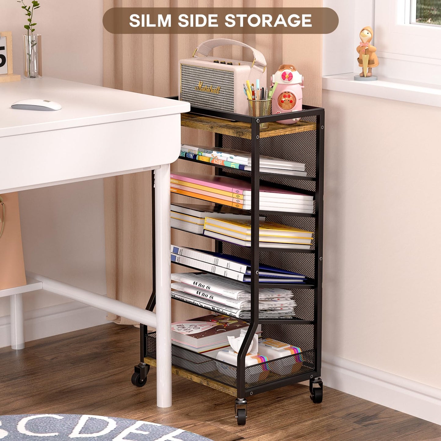 ThreeHio 7 Tier Rolling File Cart with Sliding Trays, Wood Metal File Organizer Beside Desk, Free-Standing File Holder, Paper Letter Tray Organizer Mesh Desk Organizer for Home Office School (Patent)