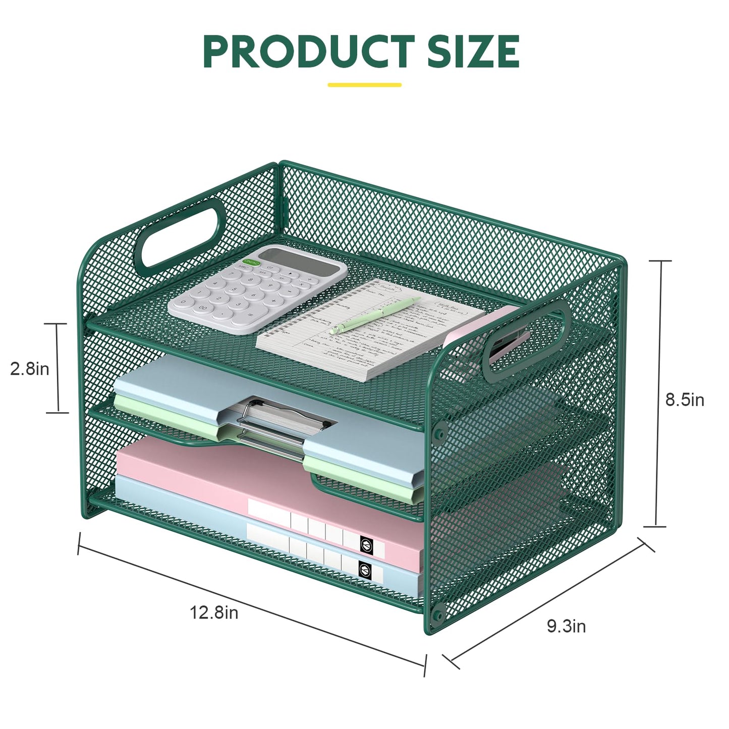 Samstar 3 Tier Green Letter Tray Paper Organizer with Handle, Mesh Desk Organizer Paper Sorter File Rack Shelves, Green