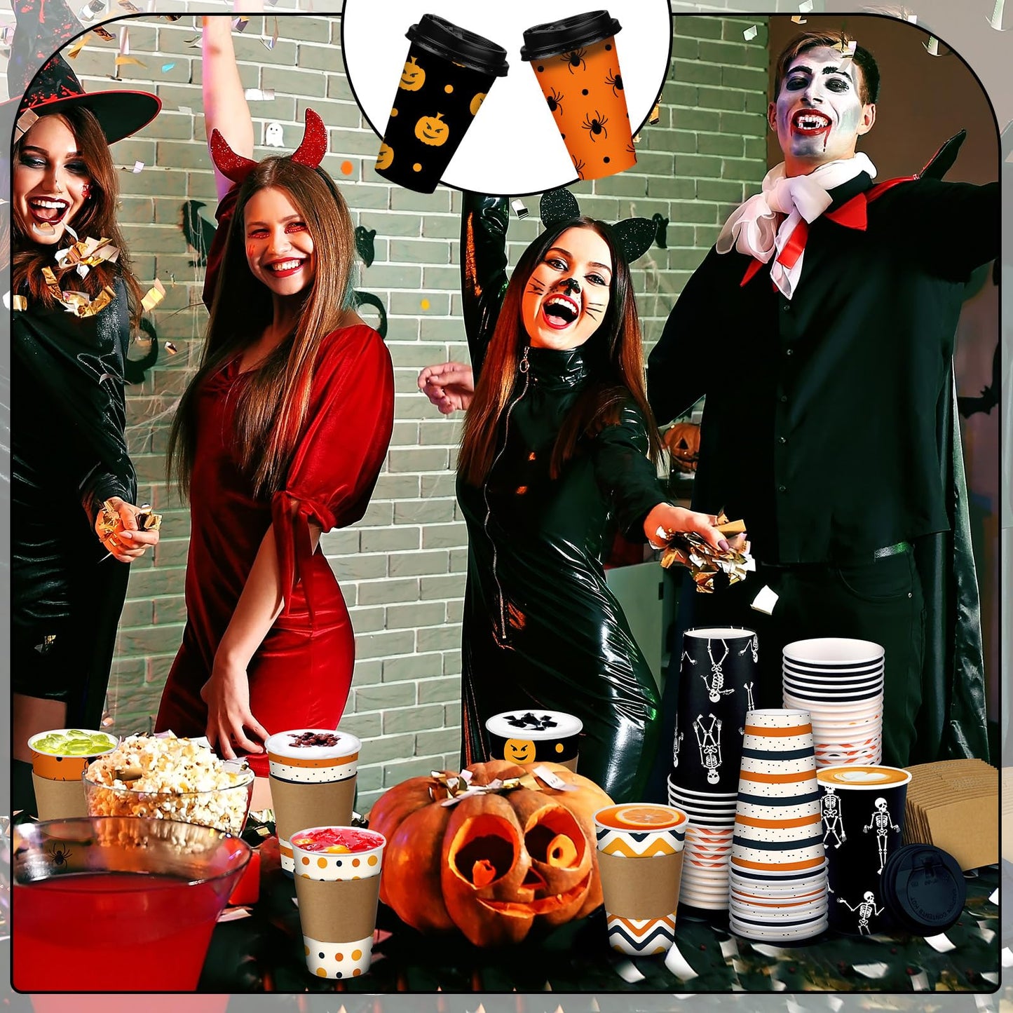 Sosation 90 Pcs/ 30 Sets Halloween Disposable Coffee Cups with Lids and Sleeves 16 oz Pumpkin Spider Skeleton Paper Cups for Hot Chocolate Beverage Tea Halloween Party Decoration