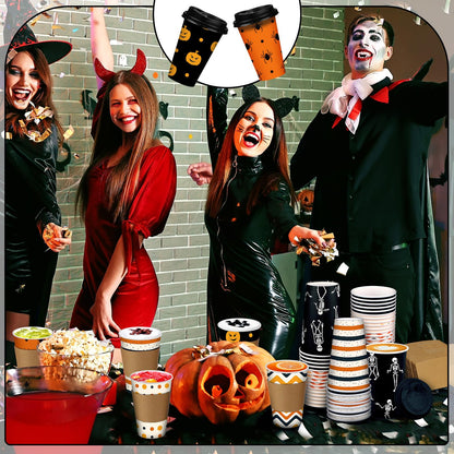 Sosation 90 Pcs/ 30 Sets Halloween Disposable Coffee Cups with Lids and Sleeves 16 oz Pumpkin Spider Skeleton Paper Cups for Hot Chocolate Beverage Tea Halloween Party Decoration