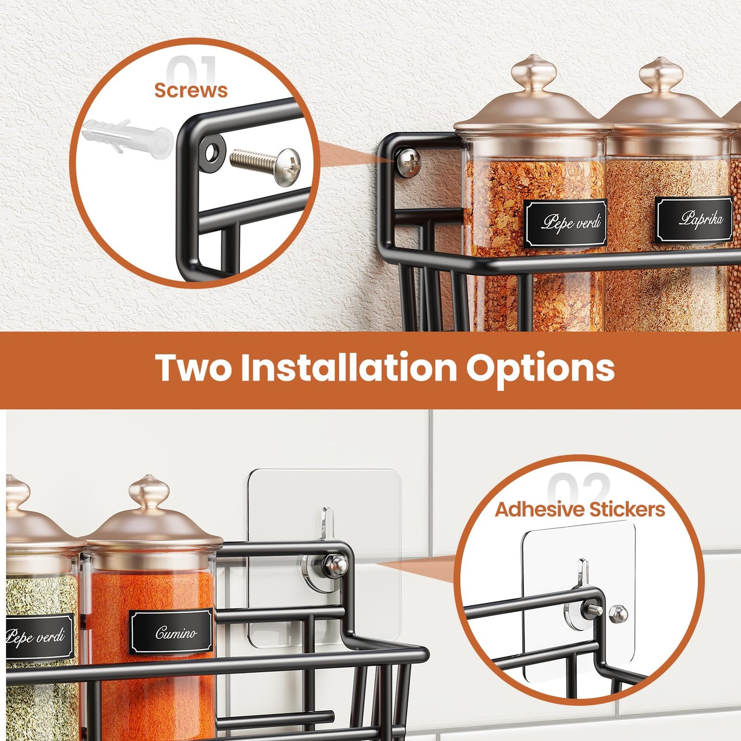 Mystozer 5 Pack Spice Rack Seasoning Organizer Wall Mount, Screw or Adhesive Hanging Shelf Basket Spice Organizer Shelf for Kitchen, Black