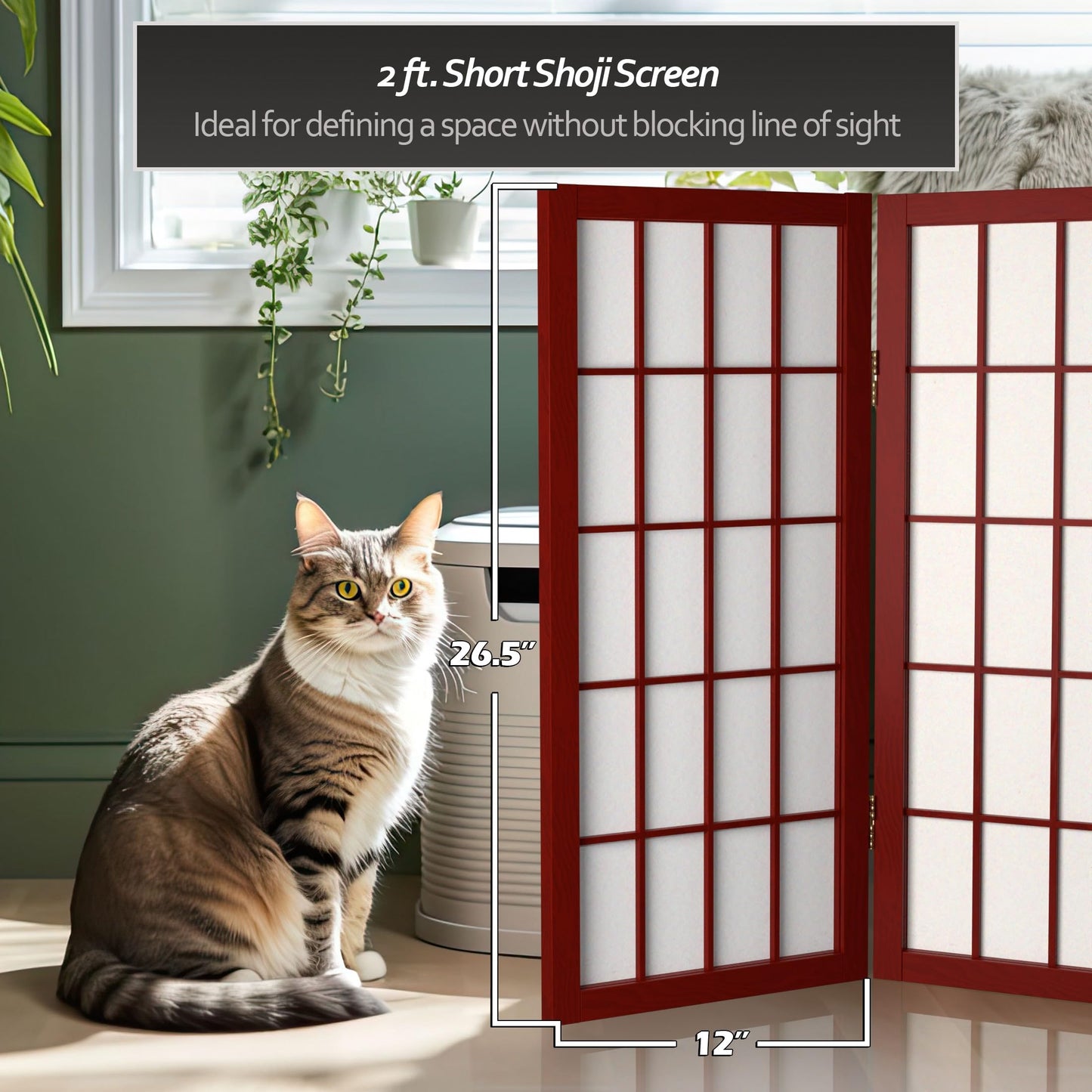 2 ft. Short Desktop Window Pane Shoji Screen - Rosewood - 3 Panels