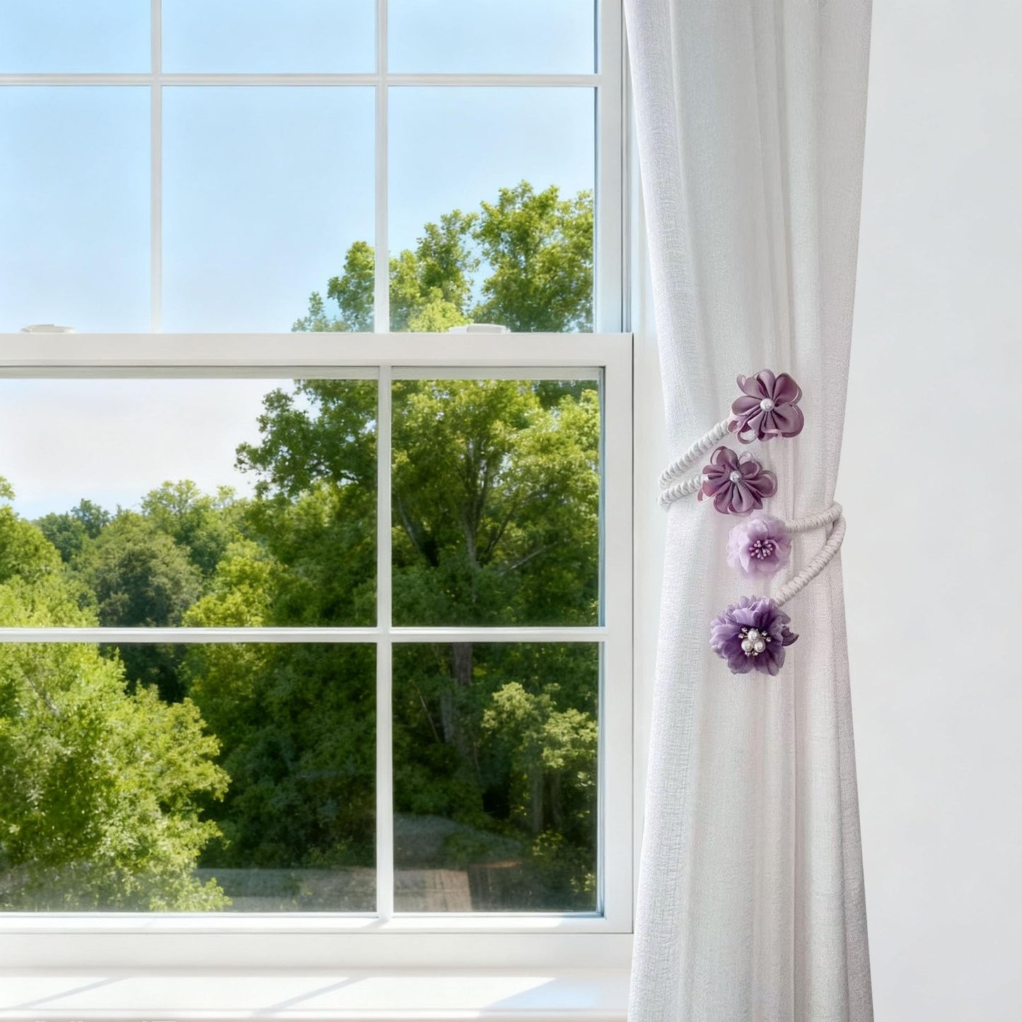 Flower Curtain Tiebacks with No Drill Installation, Fancy Decorative Holdbacks for Living Room, Bedroom, and Dining Room – Easy to Install and Adjustable, 2pcs Purple