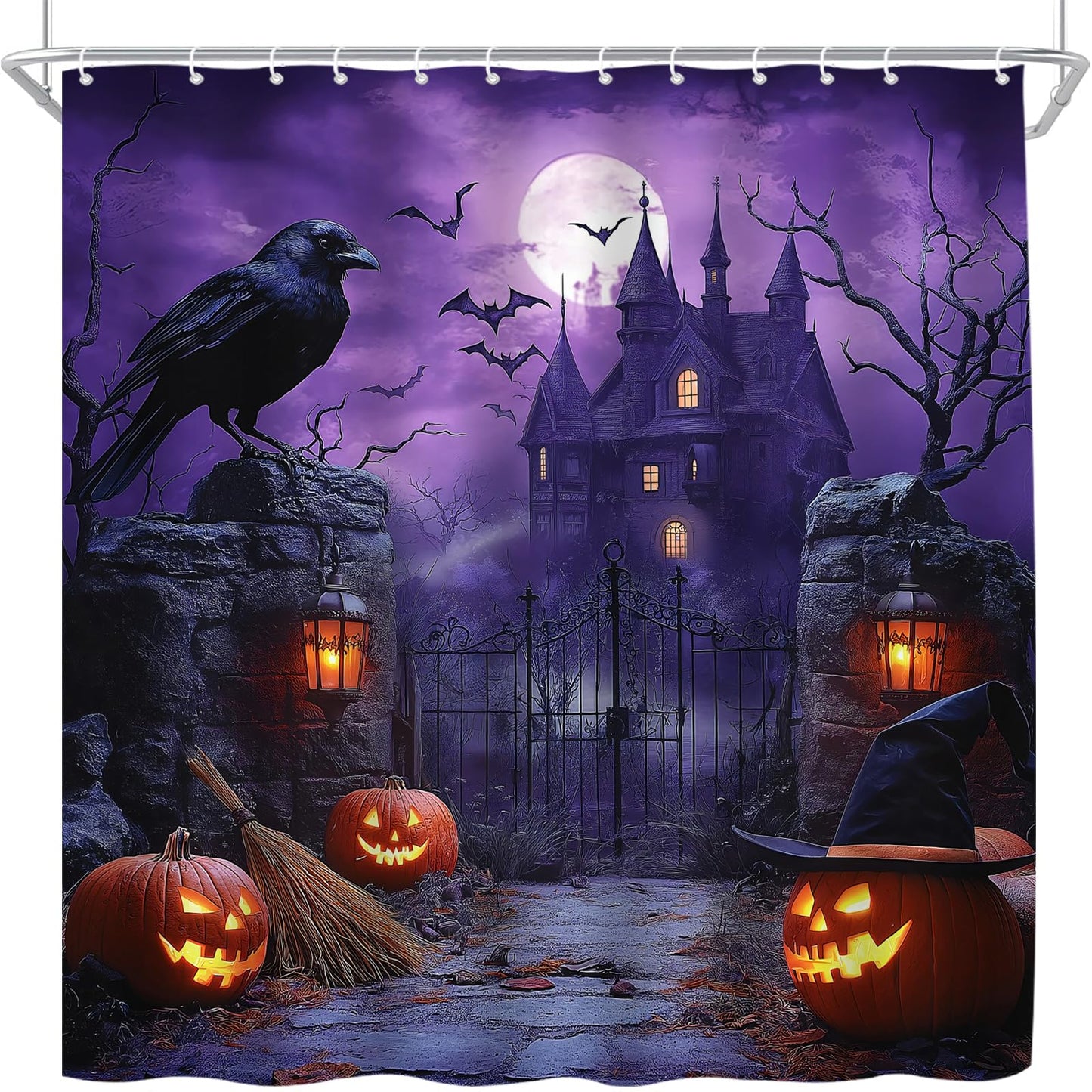 UPUMKSK Purple Haunted Castle Halloween Shower Curtain