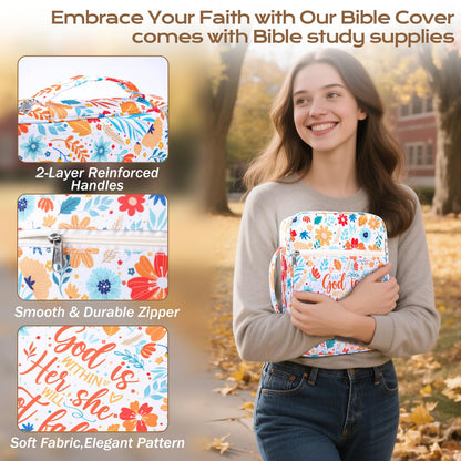XKDOUS Bible Cover Case for Women Floral Pattern Bible Bag with Handle, Pens & Tabs, Study Supplies Carrying Case Organizer Portable Church Book Holder