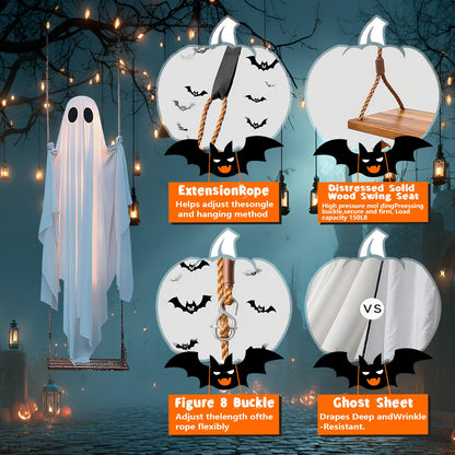 TitTees Halloween Decorations Outdoor, 5FT Large Hanging Ghost Swing with Remote Control String Lights, Spooky Cute Ghosts Decorations for Tree Porch Yard Garden Lawn