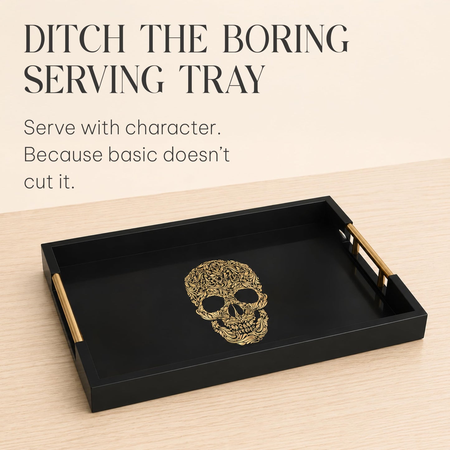Gothic Skull Serving Tray with Gold Handles – Black Gloss Wooden Ottoman Tray for Coffee Table, Bar, or Kitchen – Elegant Gothic Decor & Unique Gift for Halloween, Horror & Alternative Style Lovers