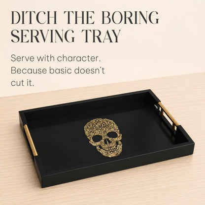 Gothic Skull Serving Tray with Gold Handles – Black Gloss Wooden Ottoman Tray for Coffee Table, Bar, or Kitchen – Elegant Gothic Decor & Unique Gift for Halloween, Horror & Alternative Style Lovers