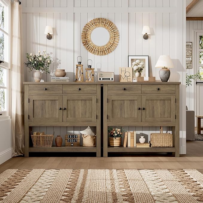 HOSTACK Farmhouse Console Table with 2-Door Cabinet & 2 Drawers, Coffee Bar, Entryway Table with Storage Shelf, Sofa Tables Buffet Sideboard for Kitchen, Hallway, Dining, Living Room, Rustic Brown