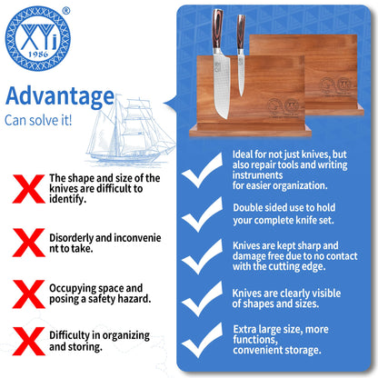 XYJ Authentic Since 1986, Magnetic Knife Block, Double Side Kitchen Knife Stand, Acacia Wood, Magnetic Knife Holder with Strong Enhanced Magnets,Knives Storage Rack Stand for Home Kitchen