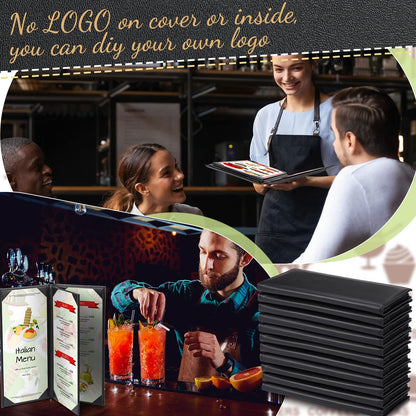 Jexine 12 Pcs Black Menu Covers Waterproof Restaurant Cafe Bar PU Leather 4 View Fold Menu Book with Angled Corners for Wine Drinks Cafes List Covers Set, 4.25 x 11 Inches
