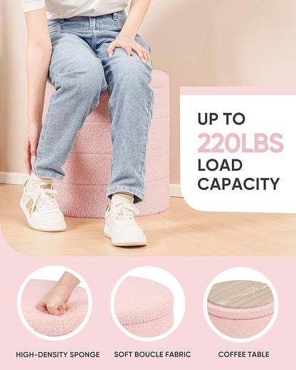 B FSOBEIIALEO Ottoman with Stroage, Round Sherpa Storage Ottoman Stool, Boucle Foot Rest 16.9"x16.9"x17.7"（Pink