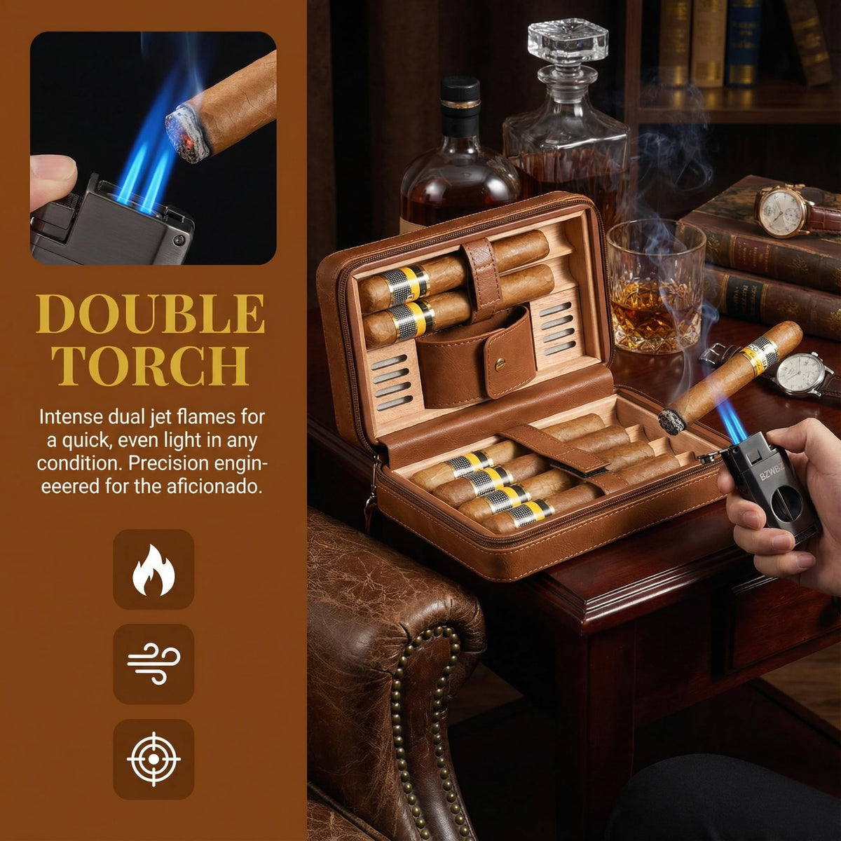 BZWBZ Travel Cigar Case Set,Torch Lighter with Cigar V Cutter, Hole Punch, Spanish Cedar Wood Humidor,Brown Leather