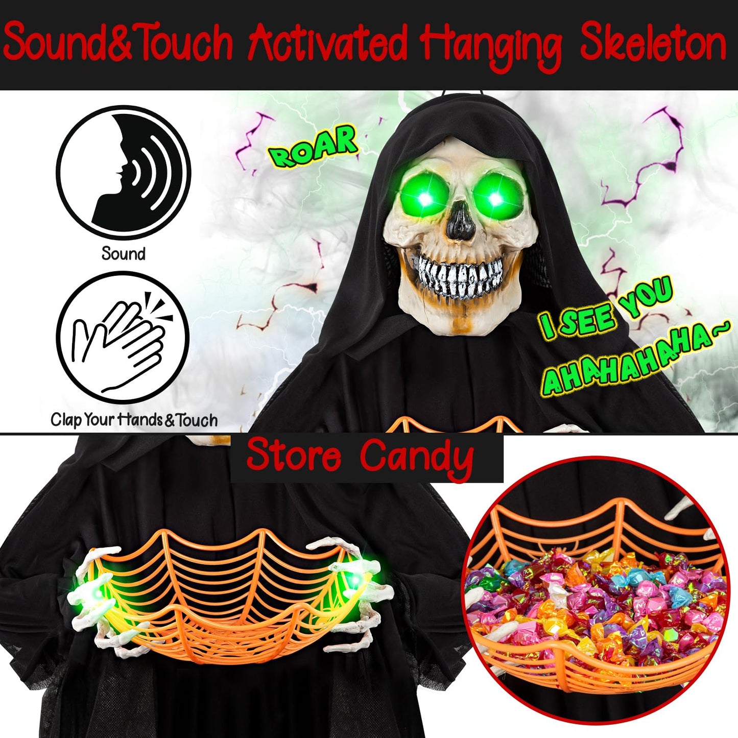 71” Halloween Hanging Animated Skeleton Ghost Decoration with Sound Activated, Candy Dish, Glowing Eyes, Spooky Sounds for Halloween Haunted House Prop and Party Decor, Indoor/Outdoor Display