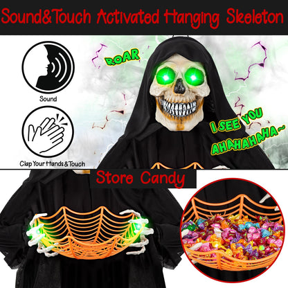71” Halloween Hanging Animated Skeleton Ghost Decoration with Sound Activated, Candy Dish, Glowing Eyes, Spooky Sounds for Halloween Haunted House Prop and Party Decor, Indoor/Outdoor Display