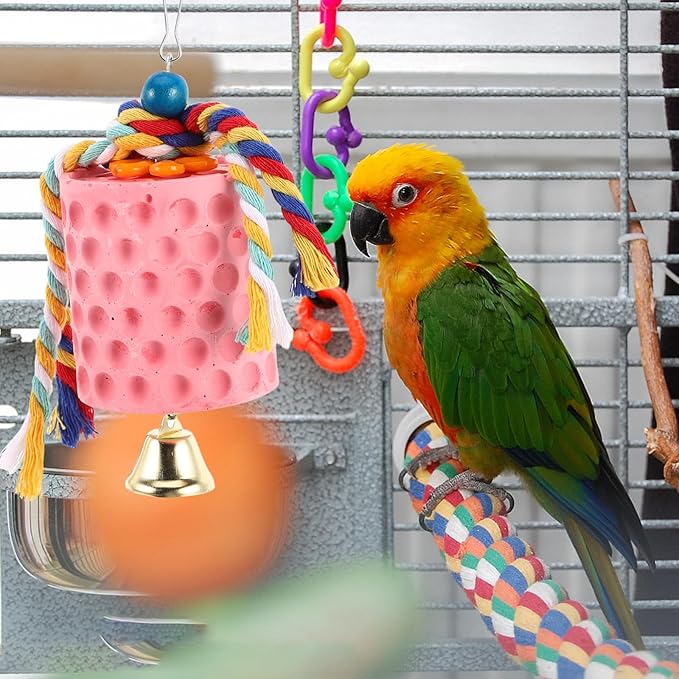 Luxshiny Mineral Block Bird Chewing with Bell for Parrots and Parakeets Beak Grinding Stone Cage Accessory for African Grey Cockatiels Interactive Chew for Boredom Relief and Play