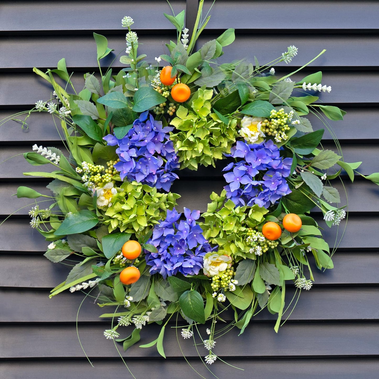 Spring Wreaths for Front Door 24 Inch, Summer Wreath Outdoor，Silk Hydrangea Wreath with White Blossoms & Mini Mandarins, Rustic Farmhouse Indoor & Outdoor Seasonal Wreath, Spring&Summer Home Decor