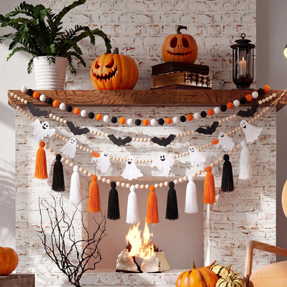 RattanView 4 Pcs Halloween Banner Set 6.6ft Wooden Bead Ghost Bat Tassel Garland Black Orange White Decor Spooky Hanging Banners Trick or Treat Garland for Halloween Home Fireplace Mantel Decoration