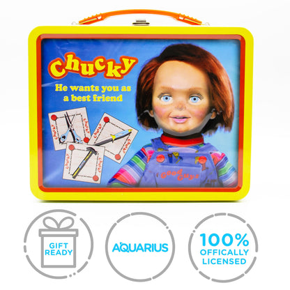 AQUARIUS Chucky Fun Box - Sturdy Tin Storage Box with Plastic Handle & Embossed Front Cover - Officially Licensed Child's Play Merchandise & Collectible Gift for Kids, Teens & Adults