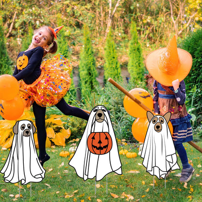 Nuanchu 7 Pcs Halloween Yard Outdoor Decorations Ghost Dog Yard Signs Corrugated Plastic Ghost Dog Pumpkin Lawn Sign with Stakes Waterproof Halloween Garden Stakes for Outside Scary Spooky Decor